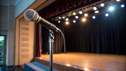 Poster - A closeup of a microphone stand with a polished microphone gleaming under soft lighting positioned in front of a small stage ready for use in an upcoming performance.