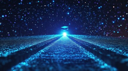 Poster - Graduation cap symbolizing education and future opportunities floats above a pixelated blue road leading to bright light, with particles and bokeh effects conveying achievement and progress