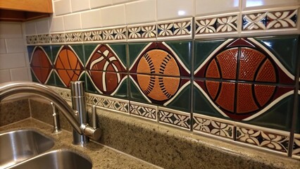 Fototapete - A closeup of a sportsthemed backsplash being tiled behind a sink area displaying intricate patterns and a glossy finish that adds flair to the utility space.