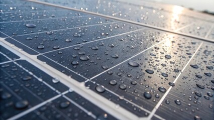 Poster - A closeup of a solar panels surface covered in droplets of water emphasizing the effective thermal interaction with sunlight during system testing.