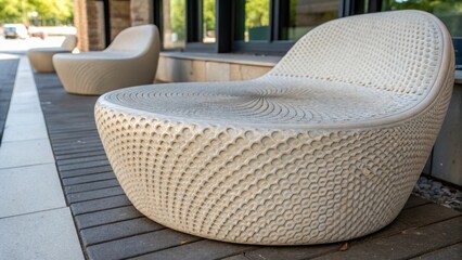 Leinwandbilder - A closeup of a unique sculptural seating element crafted from recycled plastic highlighting its textured surface and organic form inviting users to interact with the space.