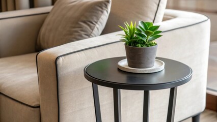 Aufkleber - A closeup of a stylish minimalist side table complete with a small potted plant providing a pop of greenery beside a plush seating area.