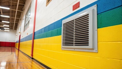 Poster - A closeup of a ventilation grille on the wall of a gymnasium with air gently flowing through surrounded by freshly painted walls and vibrant colors.