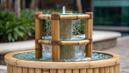 Aufkleber - A closeup of a water fountain with ecofriendly materials detailing its bamboo frame and recycled glass components demonstrating sustainable design practices.