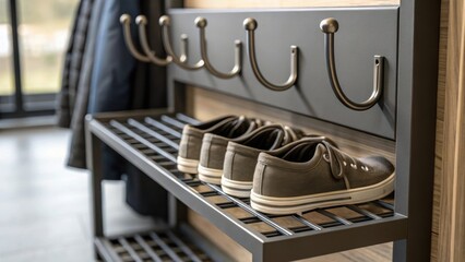 Aufkleber - A closeup of coat hooks and a shoe rack segregated near the entrance showcasing practical design elements that enhance organization and tidiness in the waiting area.