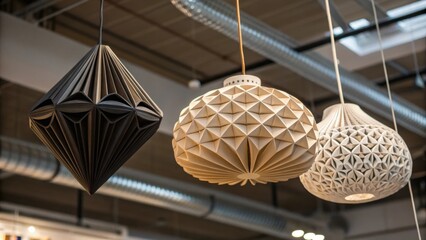 Aufkleber - A closeup of decorative sounddiffusing elements suspended from the ceiling crafted with a modern artistic design that balances aesthetics with practical sound management.