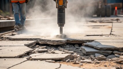 Poster - A closeup of cracked concrete flooring being demolished with debris tered and a sy jackhammer in action capturing the gritty work involved in park renovations.
