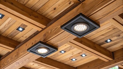 Aufkleber - A closeup of energyefficient LED lights embedded in a ceiling design featuring natural elements like wood beams illustrating an ecoconscious approach to lighting.