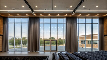 Poster - A closeup of energyefficient large windows that allow natural light to flood the auditorium framed by sleek modern window treatments that provide ambiance.