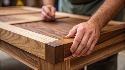 Poster - A closeup of hands assembling a wooden coffee table showcasing the intricate grain of the wood and the precision of the craftsmanship.