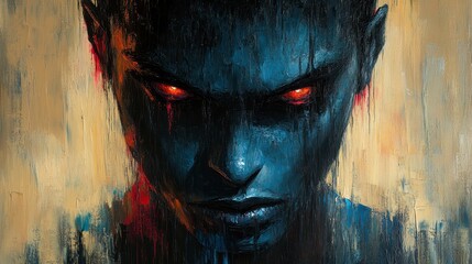  Glaring blue demon, fiery eyes, dark art, fantasy