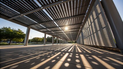 Poster - A closeup of sunlight filtering through the slats of the solar canopy casting artistic patterns on the ground and highlighting the interaction of nature and urban infrastructure.