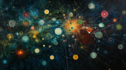 Wall Mural - Abstract, cosmic painting with circles and connecting lines.