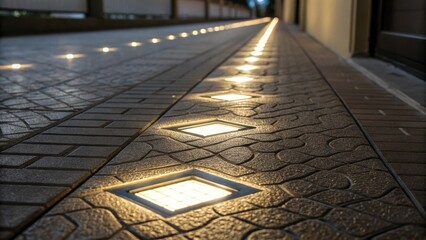 Poster - A closeup of textured flooring with integrated light panels illuminating the pathway and increasing safety while providing an aesthetic appeal.