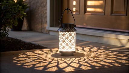 Aufkleber - A closeup of the light diffusion from a solarpowered lantern hanging near the entrance casting intricate shadows on the ground enhancing the ambiance.