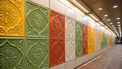 Aufkleber - A closeup of vibrant ecofriendly tiles along the wall the intricate patterns catching the eye paired with energyefficient lighting that enhances the ambiance of the facility.