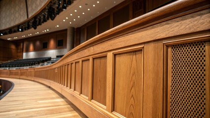 Aufkleber - A closeup on a wooden stage edge highlighting customdesigned sound reflectors seamlessly integrated into the architectural elements.