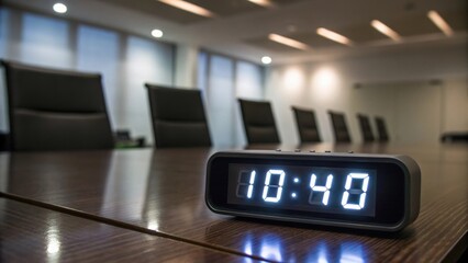 Aufkleber - A closeup on the glowing screen of a digital clock displaying the time in a modern meeting room with the soft shadows of chairs surrounding it.
