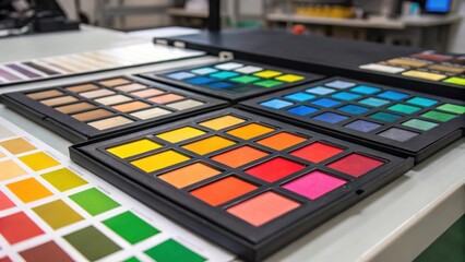 Poster - A detailed view of a series of colorful gel filters being selected and sorted with the vibrant hues creating an artistic display in the lighting workshop.