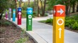© DigitalSpace - A medium closeup focusing on colorful wayfinding markers made from recycled materials guiding walkers along the enhanced urban trail.
