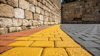 Aufkleber - A medium closeup displaying contrasting paver colors against an ancient stone wall accentuating the architectural dialogue between eras.