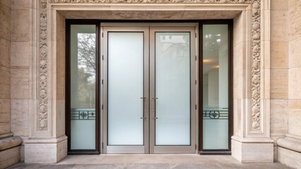 Poster - A medium closeup featuring a pair of glass double doors with a minimalist design surrounded by elegant stonework that adds sophistication to the entrance.