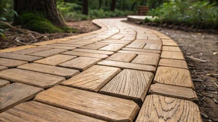 Aufkleber - A medium closeup image featuring an ecofriendly trail surface composed of interlocking wooden tiles highlighting the natural grain and sustainable design.