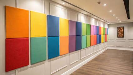 Aufkleber - A medium closeup image showing an array of colorful soundproof panels arranged on a freshly painted wall highlighting the contrast between vibrant hues and the neutral room tone.