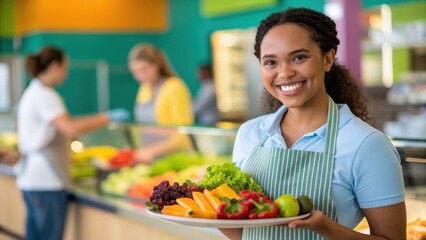 Poster - A medium closeup of a cafeteria worker serving fresh organic produce on a compostable plate highlighting sustainable food practices in a vibrant setting.