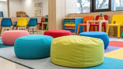 Poster - A medium closeup of a familyfriendly waiting area showcasing soft floor cushions and low seating designed for children creating a playful atmosphere.