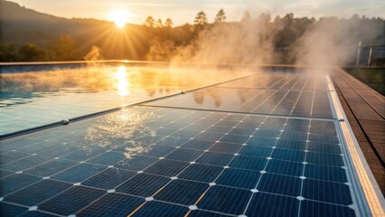 Aufkleber - A medium closeup of a heated pool with steam rising from the surface on a sunny day surrounded by newly installed solar panels reflecting golden sunlight.