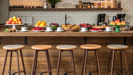 Poster - A medium closeup of an open kitchen area with bar stools highenergy social interactions happening over fresh coffee fruits and pastries set on a rustic wooden counter.