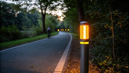 Poster - A medium closeup of a reflective marker that is illuminated by bike headlights in the evening creating a glowing pathway that guides riders safely.