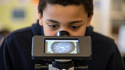 Poster - A medium closeup of a student using a digital microscope to examine a specimen their face illuminated by the screen displaying the magnified image.