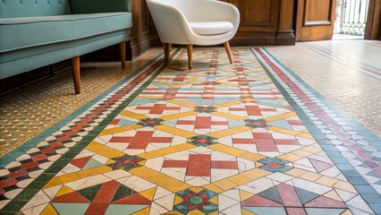 Poster - A medium closeup of a traditional mosaic tile floor featuring carefully rep tiles in bright colors complemented by minimalist furniture that creates a striking balance of old and