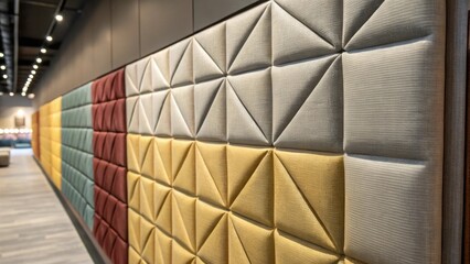 Aufkleber - A medium closeup of a wall covered with fabric panels in varying textures offering a tactile experience along with a soothing color palette to enhance the welcoming atmosphere.