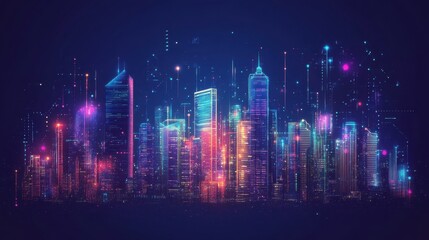 Poster - Futuristic cityscape glowing at night, featuring interconnected buildings that embody the smart city concept and illustrate the dynamic flow of digital information and technology