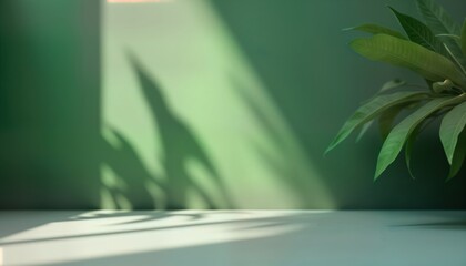 Aufkleber - Empty studio interior with soft green wall. Sunlight casts soft shadows on white surface. Green plant adds natural element. Modern minimalist style. Ideal for product presentation advertising. Blank