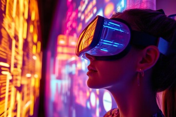 Wall Mural - Woman wearing VR headset with colorful screen behind her.