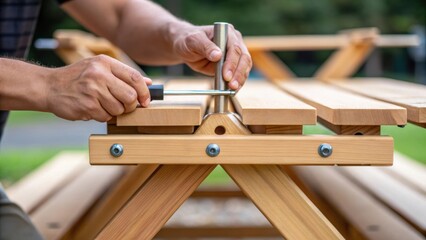 Poster - A medium closeup of hands assembling a new picnic table showcasing the sy wood components and the precision of tools in action.