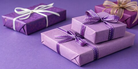 Wall Mural - purple gift boxes on purple copyspace background