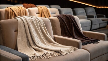 Poster - A medium closeup of luxurious throw blankets draped over the seats made of soft cashmere or highend fabric inviting guests to relax in comfort during events.