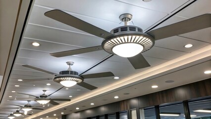 Aufkleber - A medium closeup of newly installed highefficiency fans on the ceiling with soft white light illuminating their modern design suggesting a commitment to energy efficiency in the