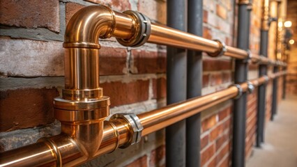 Poster - A medium closeup of plumbing work being exeed with shiny new pipes and fittings contrasted against the rustic brick wall of the firehouse.