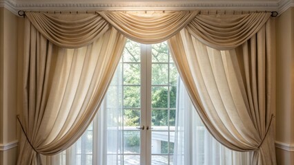 Poster - A medium closeup of tasteful window treatments filtering natural light with soft fabric drapes that lend an inviting atmosphere to the room.