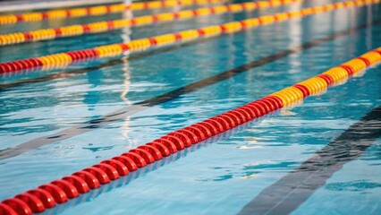 Poster - A medium closeup of swim lanes marked by bright buoyant lane dividers floating serenely creating a clear pathway for competitive swimmers.