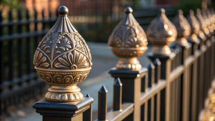 Poster - A medium closeup of the decorative caps on top of fence posts featuring intricate designs gleaming in the sunlight illustrating attention to detail in public art.