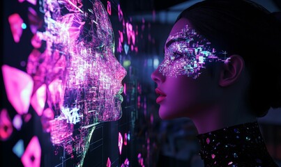 Wall Mural - Digital face reflects a womanâ€™s profile with glitch effect.