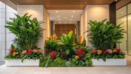 Aufkleber - A medium closeup of vibrant plants and greenery being arranged in an open corner bringing life to the newly renovated space with natural aesthetics.