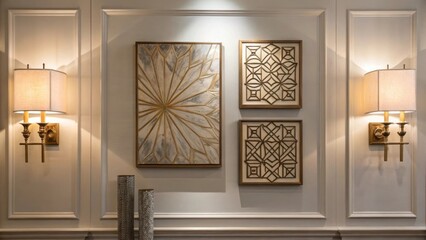 Aufkleber - A medium closeup showcasing decorative wall features including modern artwork and ambient sconces that create an inviting and sophisticated atmosphere.